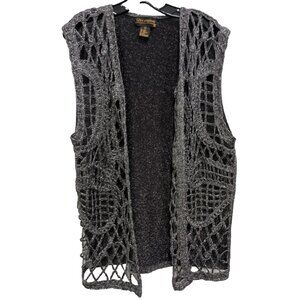 Lisa Originals Artsy Cardigan Womens Large Black Metallic Crochet Sleeveless